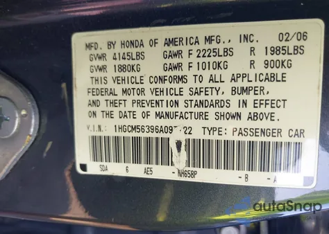 2006 Honda Accord 2.4 Se из США, поврежденный, VIN 1HGCM56396A097722